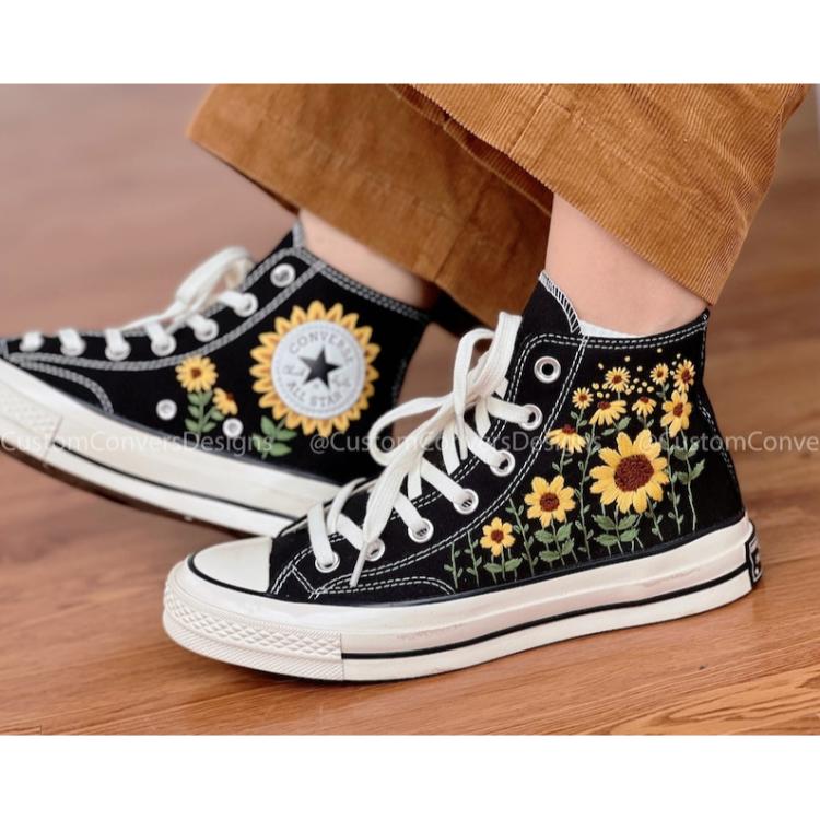 Mushroom And Flower Converse Custom, Custom Embroidery Shoes