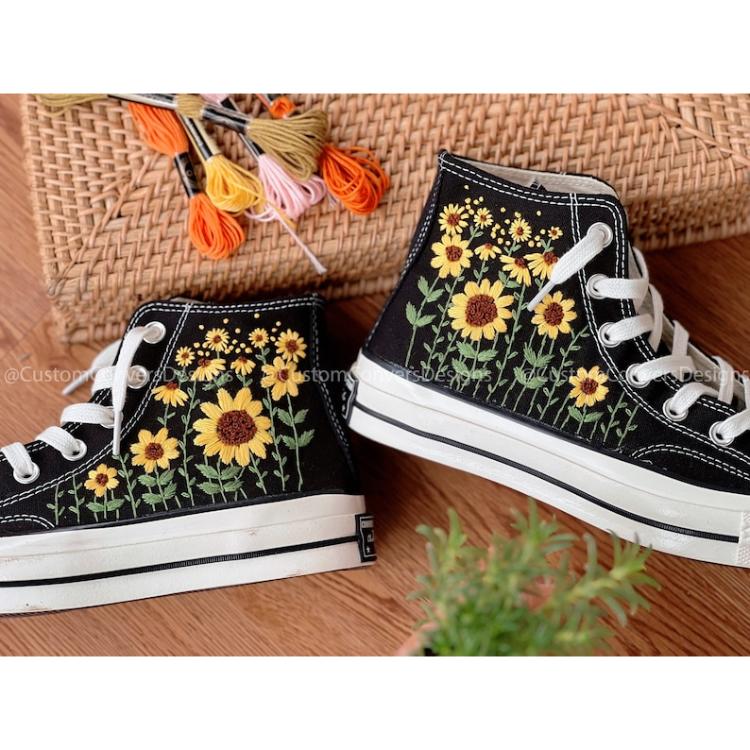 Mushroom And Flower Converse Custom, Custom Embroidery Shoes