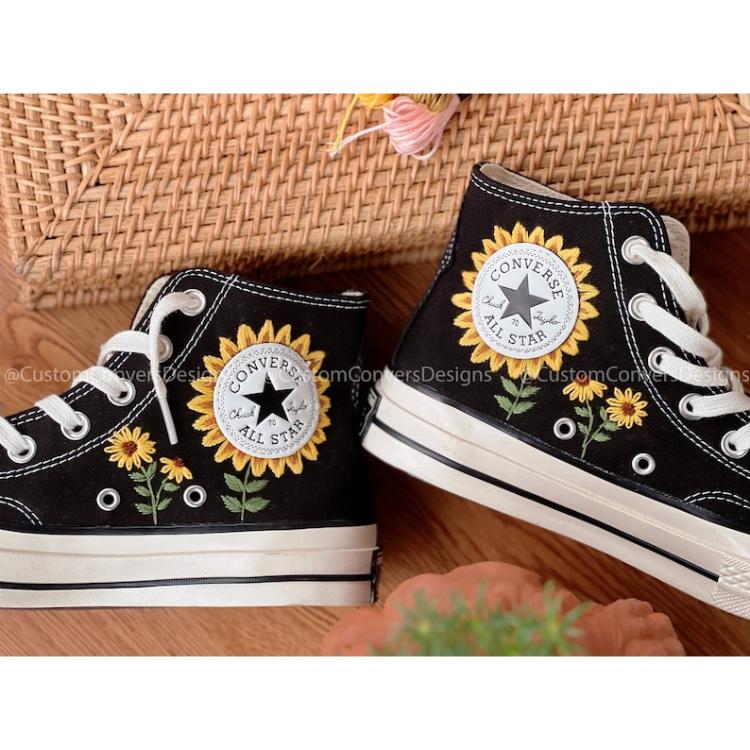 Mushroom And Flower Converse Custom, Custom Embroidery Shoes