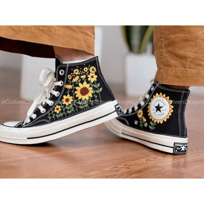 Mushroom And Flower Converse Custom, Custom Embroidery Shoes