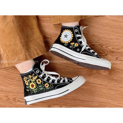 Mushroom And Flower Converse Custom, Custom Embroidery Shoes