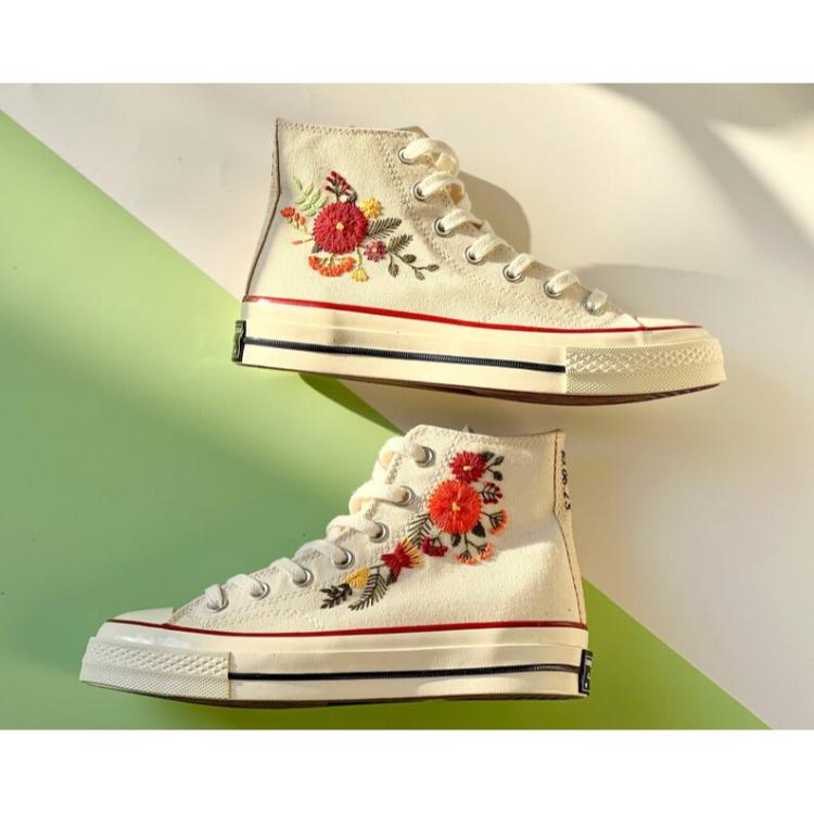 Mushroom And Flower Converse Custom, Custom Embroidery Shoes