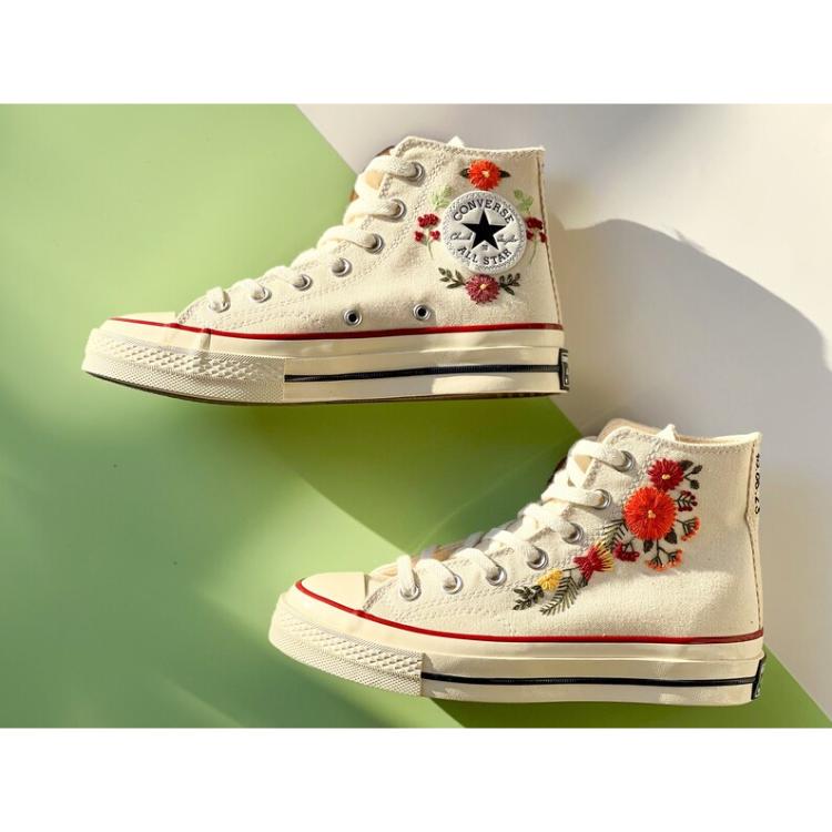 Mushroom And Flower Converse Custom, Custom Embroidery Shoes