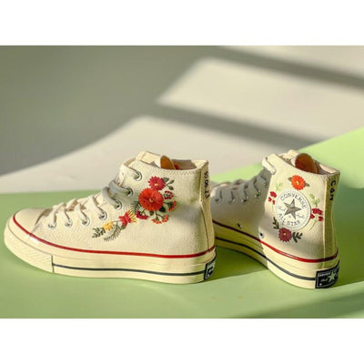 Mushroom And Flower Converse Custom, Custom Embroidery Shoes