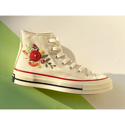 Mushroom And Flower Converse Custom, Custom Embroidery Shoes