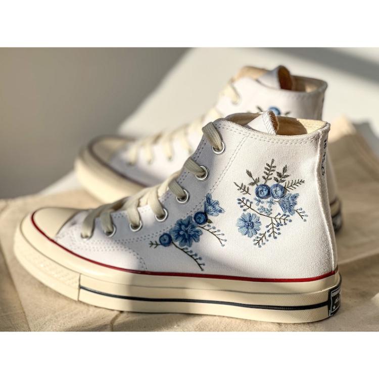 Mushroom And Flower Converse Custom, Custom Embroidery Shoes