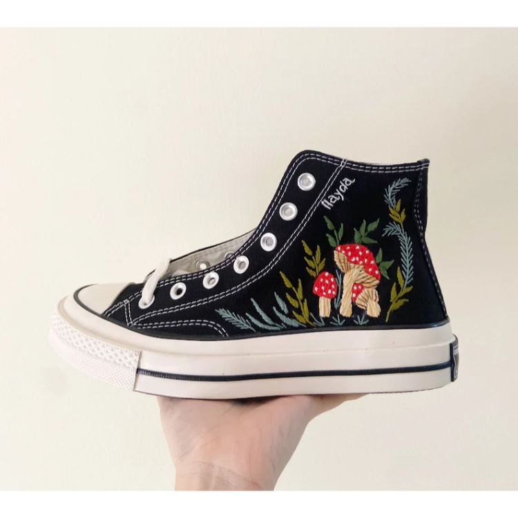 Embroidered Converse, Embroidered Orange mushrooms And Flower