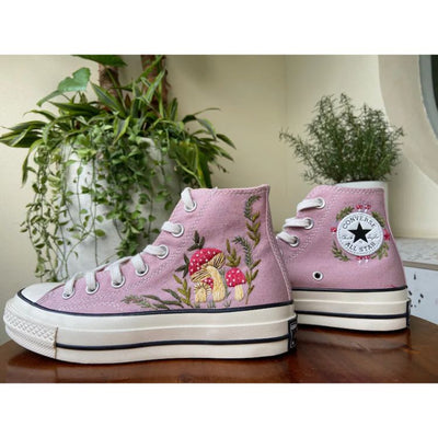 Embroidered Converse, Embroidered Orange mushrooms And Flower