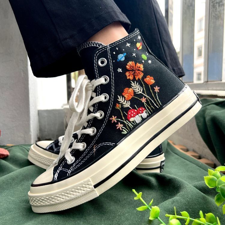 Flower Converse,Mushroom Shoes,Embroidered Flowers And The Sky