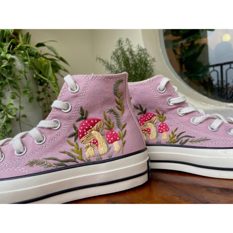 Embroidered Converse, Embroidered Orange mushrooms And Flower