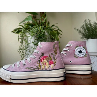 Embroidered Converse, Embroidered Orange mushrooms And Flower