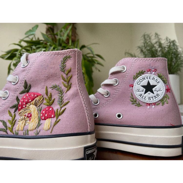 Embroidered Converse, Embroidered Orange mushrooms And Flower