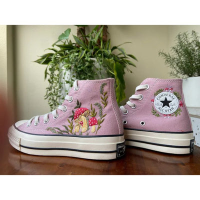 Embroidered Converse, Embroidered Orange mushrooms And Flower