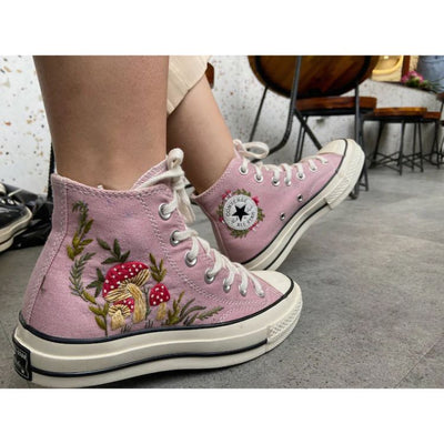 Embroidered Converse, Embroidered Orange mushrooms And Flower