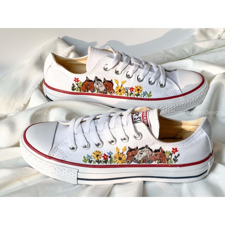 Mushroom Converse, Embroidered Red Mushrooms And Flower