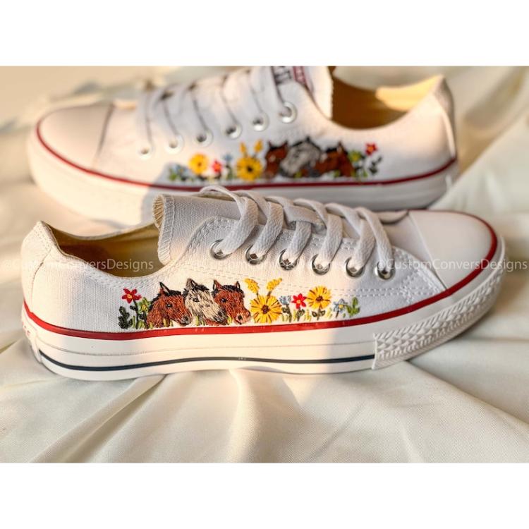 Mushroom Converse, Embroidered Red Mushrooms And Flower