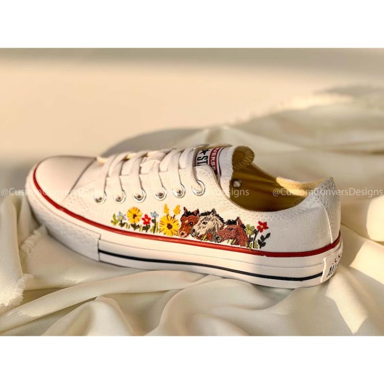 Mushroom Converse, Embroidered Red Mushrooms And Flower